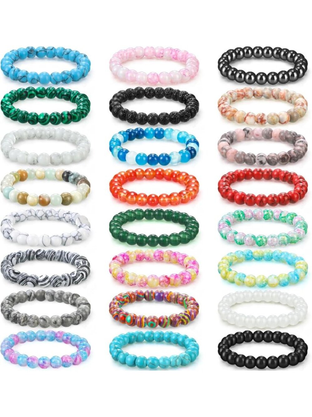 24 Pcs Stretch Gemstone Beaded Bracelets Set for Women & Men - 8mm Semi-Precious